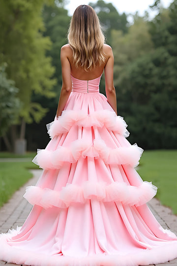 Pink A Line Sweetheart Tiered Long Tulle Prom Dress With Ruffles